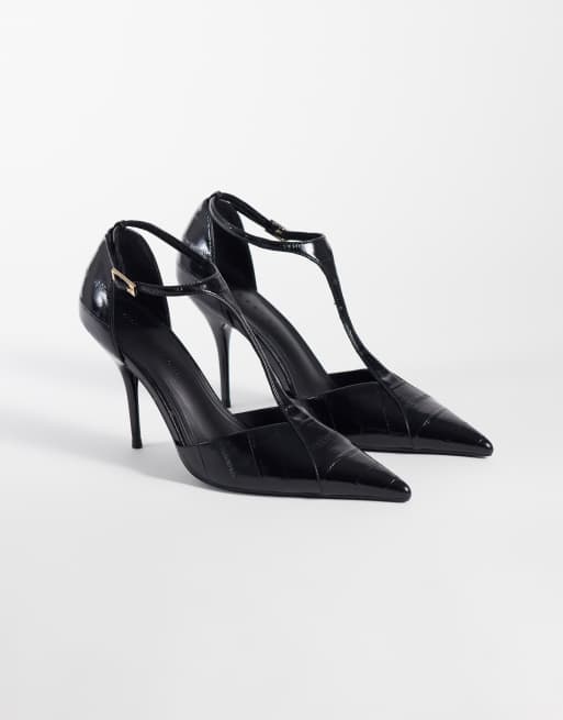 ASOS DESIGN Prize escarpins à bride en T à talons aiguilles noirs effet croco, 2 de 4