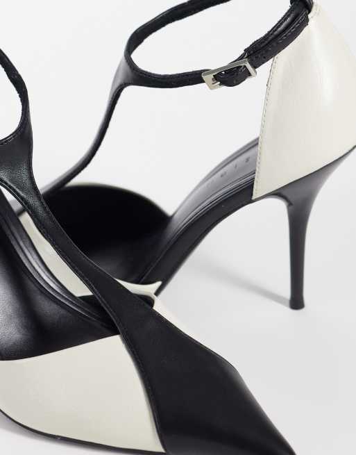 ASOS DESIGN Prize T bar stiletto high court shoes in black and white, 3 of 4