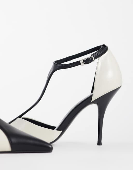 ASOS DESIGN Prize T bar stiletto high court shoes in black and white, 4 of 4