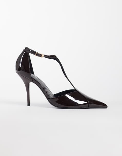 ASOS DESIGN Prize T bar stiletto high court shoes in chocolate patent - view 1