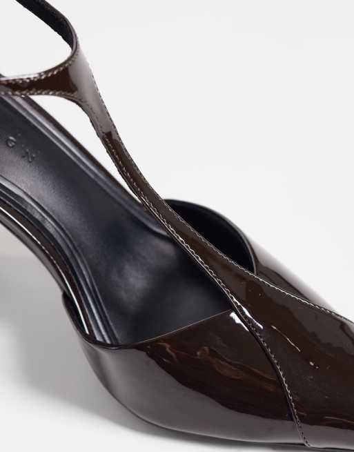 ASOS DESIGN Prize T bar stiletto high pumps in chocolate patent, 3 of 4