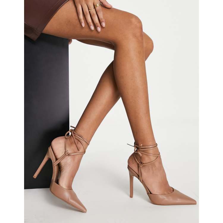 ASOS DESIGN Prize tie leg high heeled shoes in beige