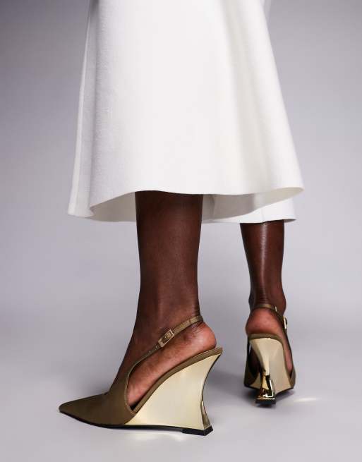 ASOS DESIGN Professor electroplated sculpted slingback wedges in olive