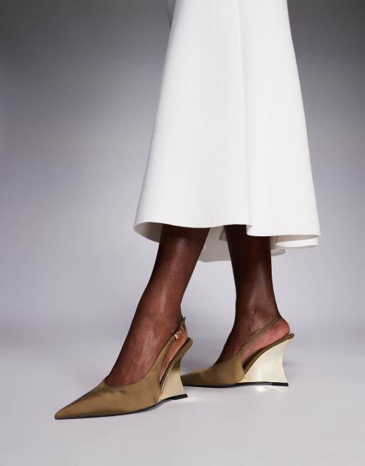 ASOS DESIGN Professor electroplated sculpted slingback wedges in olive