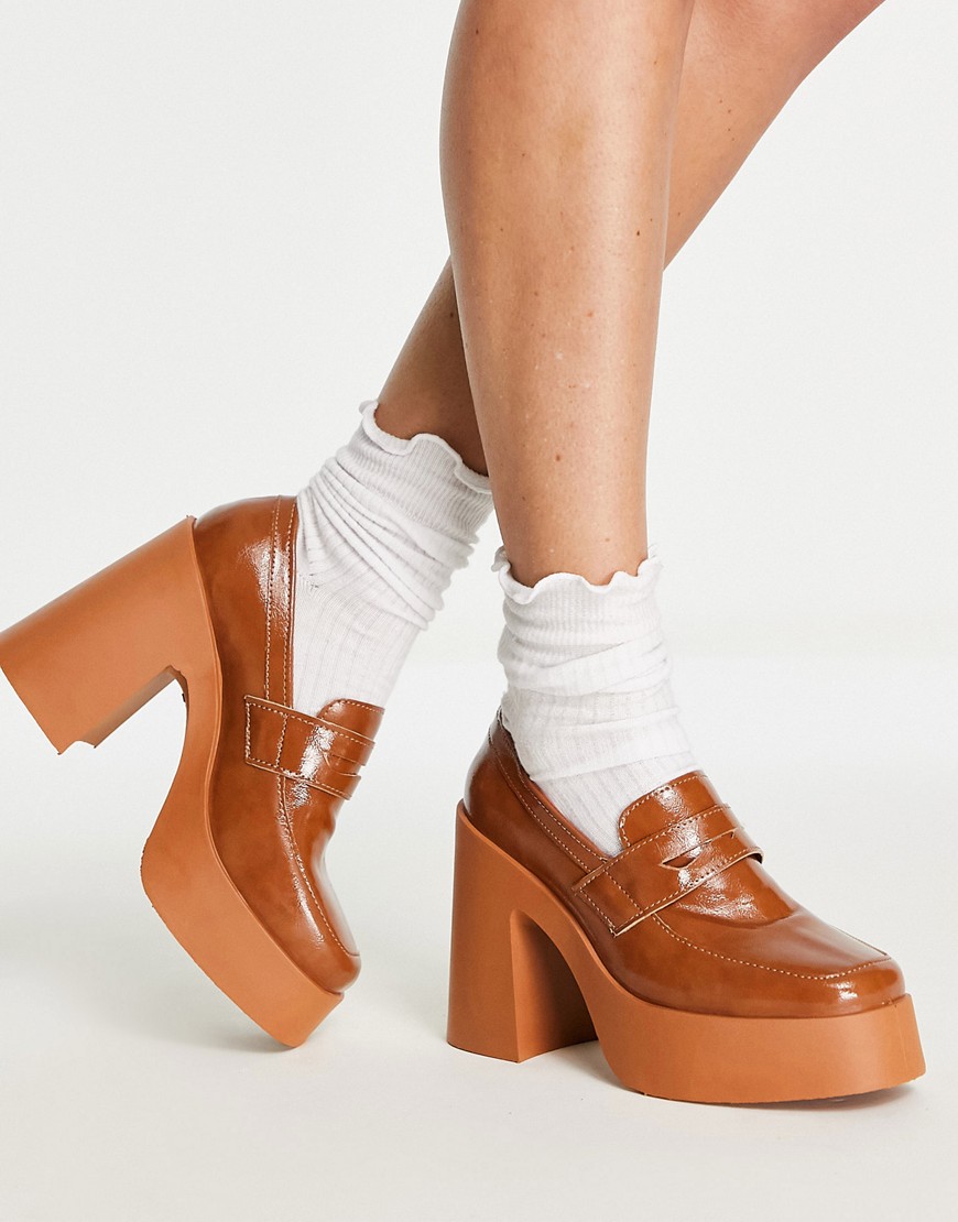 ASOS DESIGN Profile chunky high heeled loafer in tan-Brown