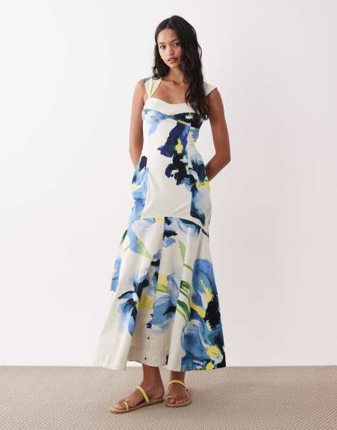 ASOS DESIGN – Profilowana wiązana na plecach bawełniana sukienka maxi z obniżoną talią w niebieski abstrakcyjny kwiatowy wzór - view 1
