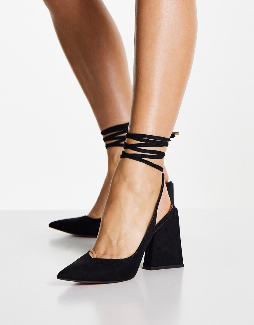 ASOS DESIGN Project tie leg block heeled shoes in black