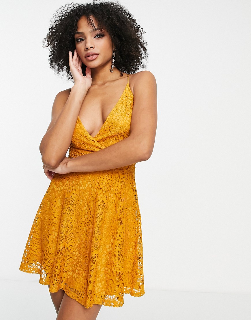 Asos Design Prom Mini Dress With Lace Up Back In Mustard Lace-yellow