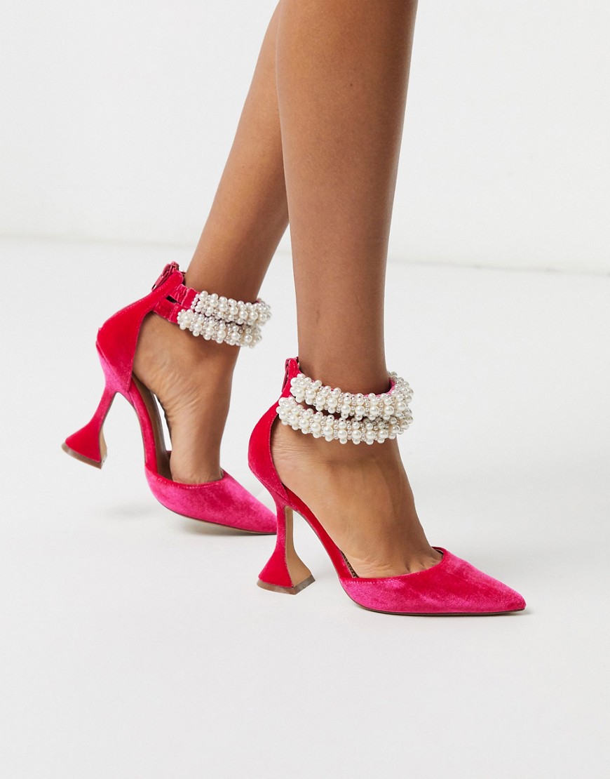 ASOS DESIGN Promise me pointed heels with pearls in pink velvet