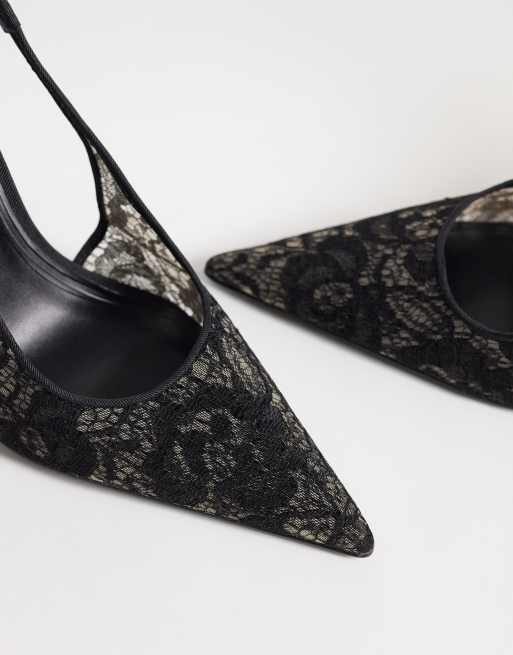 ASOS DESIGN Pronto stiletto slingback high heeled shoes in black lace, 3 of 5