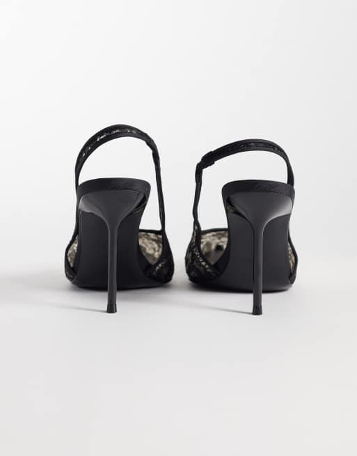 ASOS DESIGN Pronto stiletto slingback high heeled shoes in black lace, 4 of 5