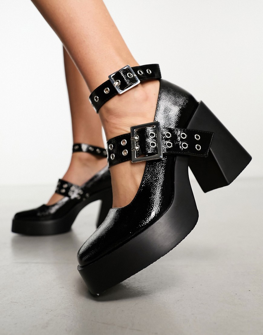 Asos Design Wide Fit Proof Hardware Detail Mary Jane Heeled Shoes In Black