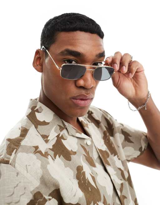 ASOS DESIGN – Prostokątne okulary przeciwsłoneczne typu aviator w złotym kolorze z czarnymi szkłami