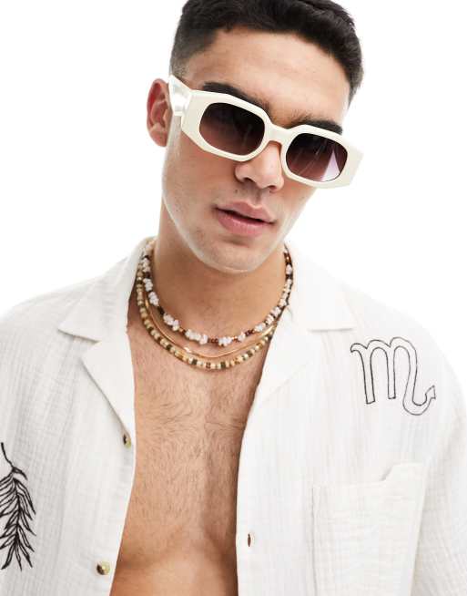 ASOS DESIGN – Prostokątne okulary przeciwsłoneczne z grubymi kanciastymi oprawkami w kolorze ecru i przydymionymi soczewkami