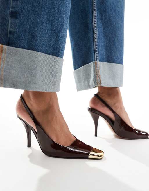 ASOS DESIGN - Proud - Scarpe con tacco, cinturino sul retro e punta rivestita color cioccolato verniciato