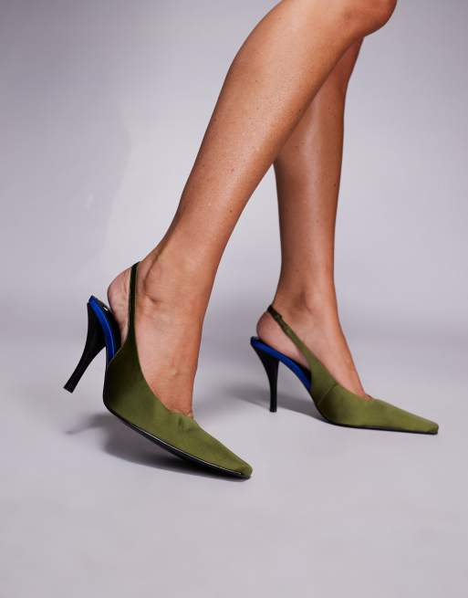 ASOS DESIGN - Proud - Slingbacks van satijn met hoge hak in olijfgroen, 3 van 4