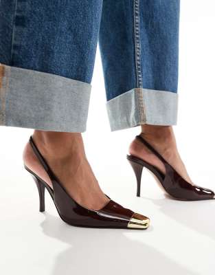 Asos Design Proud Toe Cap Slingback Heels In Chocolate Patent-brown
