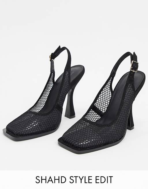 ASOS DESIGN Pryce square toe mesh slingback heels in black | ASOS