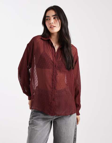 ASOS DESIGN – Prześwitująca bordowa koszula z tkaniny dobby - view 1