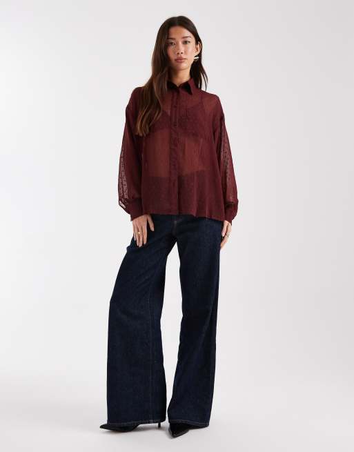 ASOS DESIGN – Prześwitująca bordowa koszula z tkaniny dobby, 3 z 4