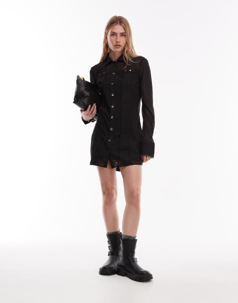ASOS DESIGN – Prześwitująca czarna sukienka koszulowa mini z kontrastową wstawką z diagonalu - view 1