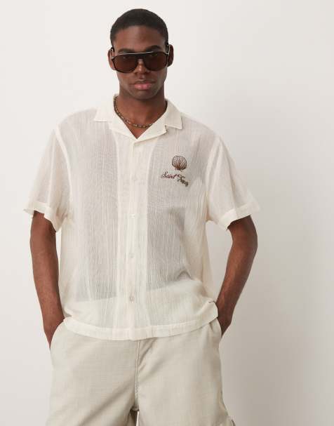 ASOS DESIGN boxy sheer textured shirt with chest embroidery in ecru