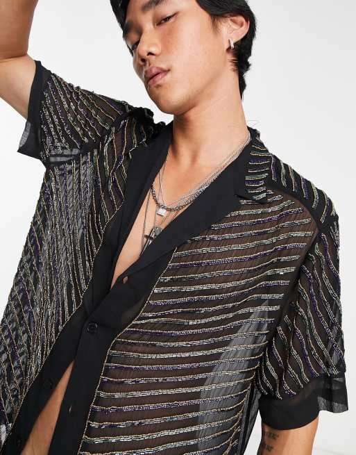 ASOS DESIGN – Prześwitująca koszula ze zdobieniami w jodełkę 