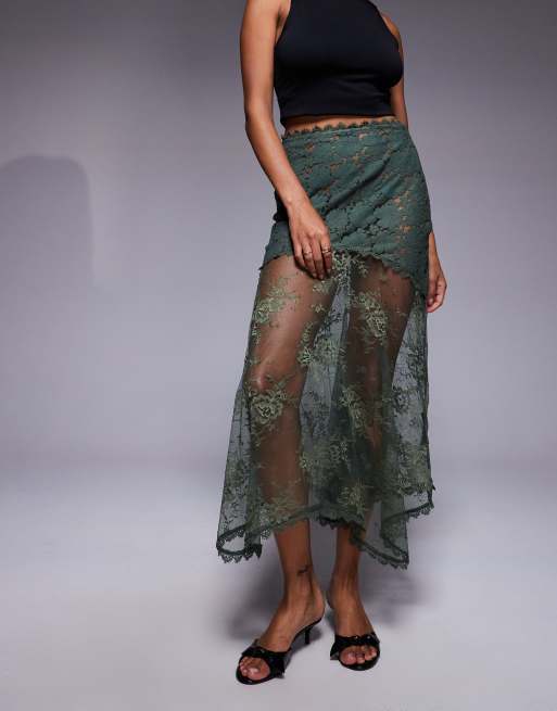 ASOS DESIGN – Prześwitująca oliwkowa spódnica midi z koronką, 2 z 5