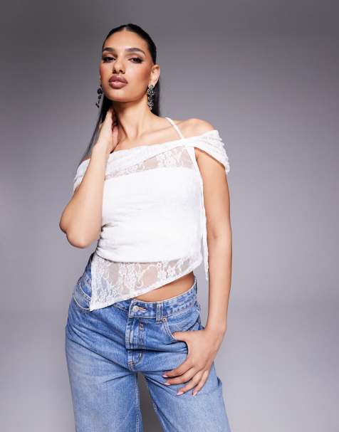ASOS DESIGN sheer lace halter bardot asymmetric hem top in ivory