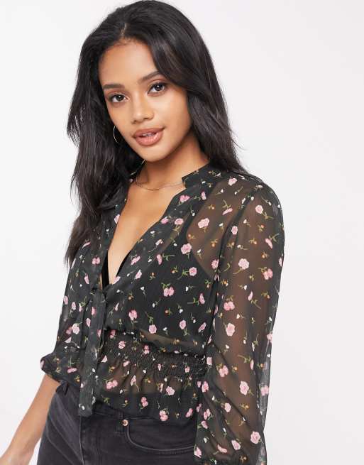 ASOS DESIGN – Prześwitujący top w kwiaty z długimi rękawami, marszczoną talią i wiązaniem