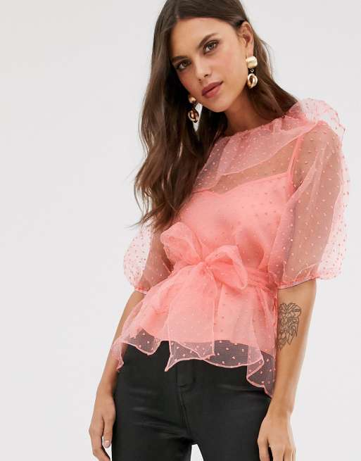 ASOS DESIGN – Prześwitujący top z organzy z rękawem 3/4 i wiązaniem