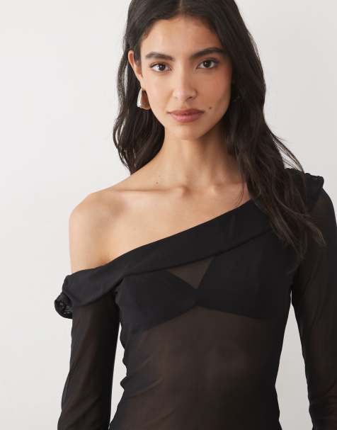ASOS DESIGN prześwitujący top z siateczki, asymetryczny, z długim rękawem, czarny - view 1