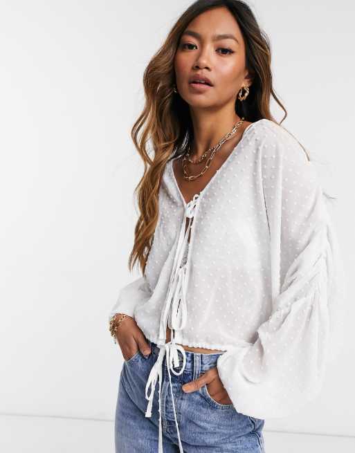 ASOS DESIGN – Prześwitujący top z tkaniny dobby z długim rękawem i głębokim dekoltem w kolorze kości słoniowej