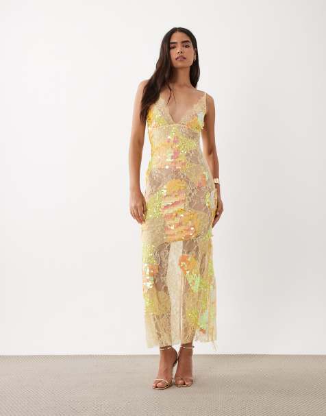ASOS DESIGN przezroczysta koronkowa sukienka maxi na ramiączkach z ozdobnym rozmieszczeniem w kolorze żółtym - view 1