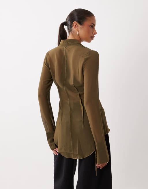 ASOS DESIGN przezroczysta koszula w stylu lat 90. w kolorze khaki, 4 z 4