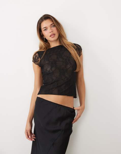 ASOS DESIGN przezroczysty koronkowy top z krótkim rękawem w kolorze czarnym - view 1