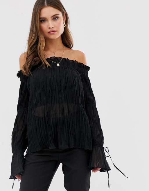 ASOS DESIGN - Przezroczysty, plisowany top z odsłoniętymi ramionami i wiązaniami na rękawach