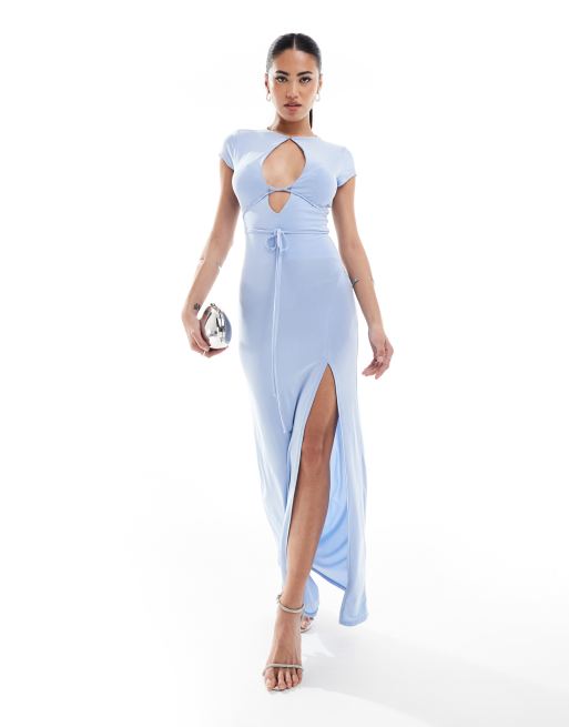 ASOS DESIGN – Przylegająca błękitna sukienka midi z łezką z wiązaniem
