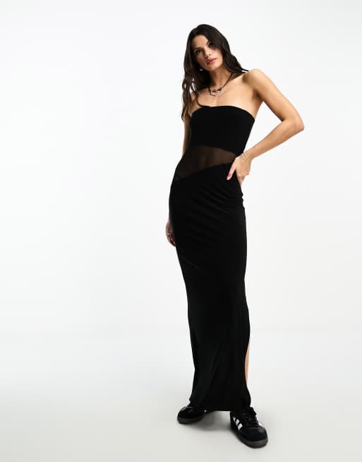 ASOS DESIGN – Przylegająca prześwitująca czarna sukienka maxi z wycięciem