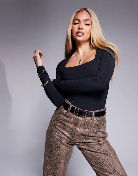 ASOS DESIGN slinky square neck long sleeve bodysuit in black