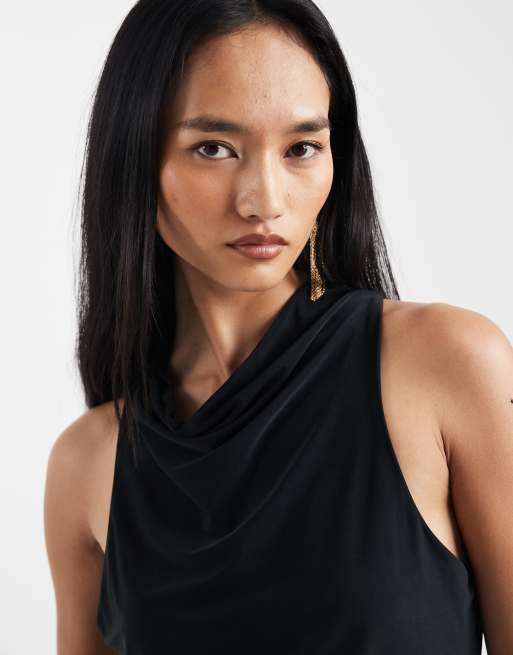 ASOS DESIGN – Przylegający czarny podkoszulek bez rękawów z drapowanym dekoltem, 3 z 4