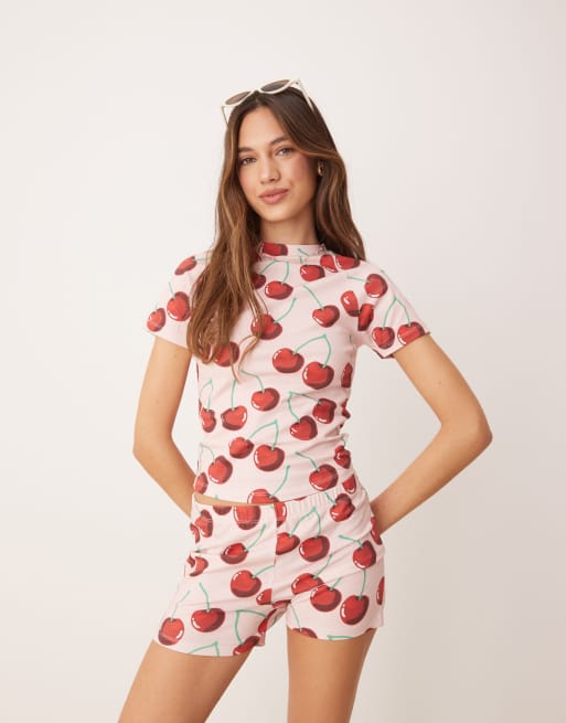 ASOS DESIGN – Przylegający T-shirt z raglanowymi rękawami i wzorem w wisienki, część zestawu