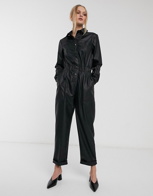 ASOS DESIGN leather look boiler jumpsuit with popper front in black