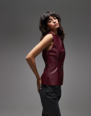 Asos Design Pu Cinched Tee In Burgundy
