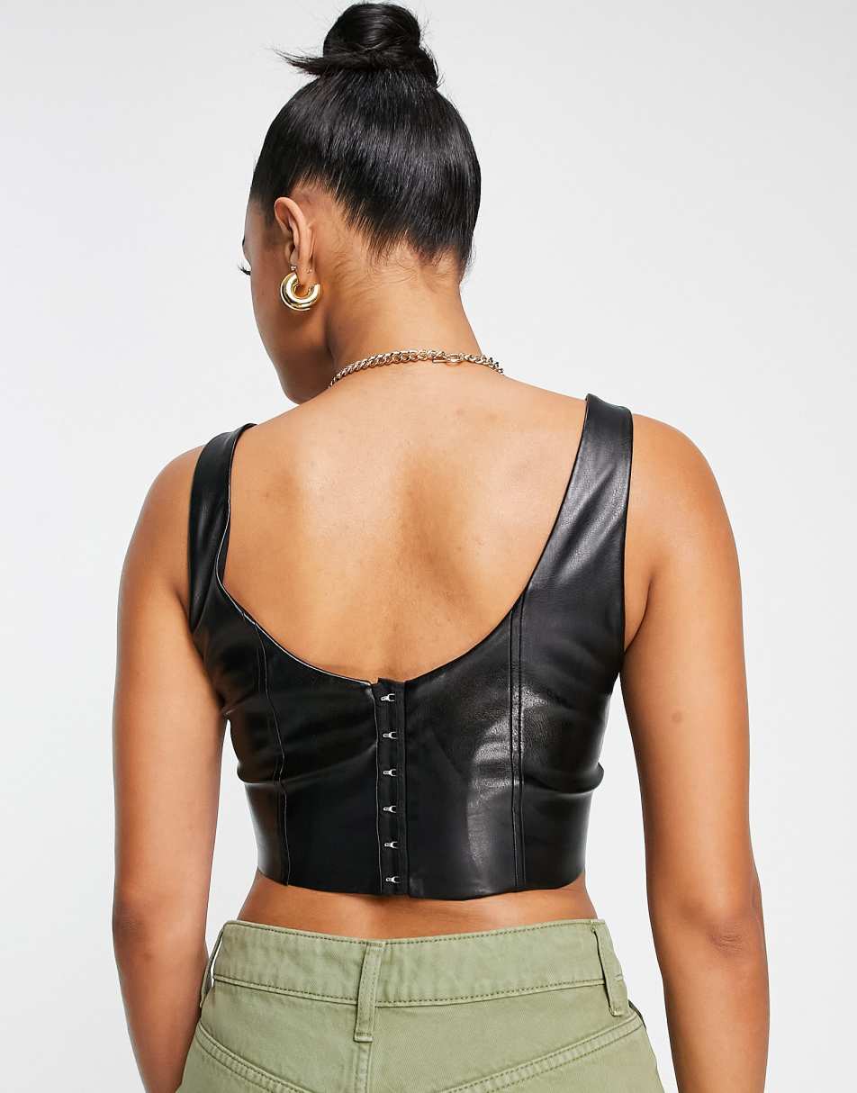 ASOS DESIGN PU corset in with hook & eye back in black