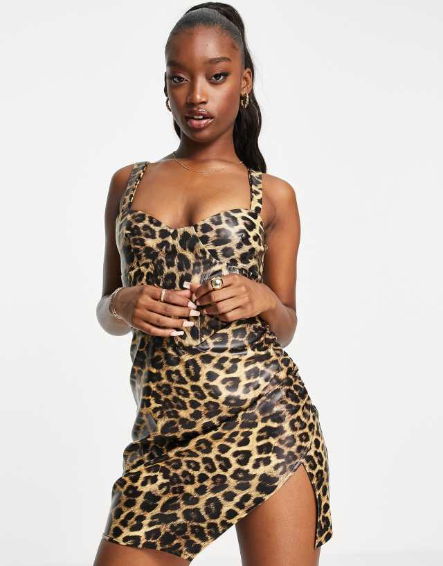 ASOS DESIGN pu corset seamed mini dress in leopard print