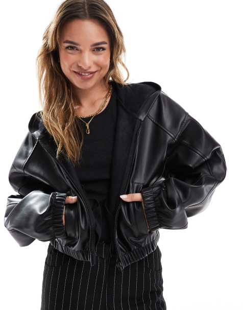 ASOS DESIGN PU cropped zip through hoodie in black - view 1