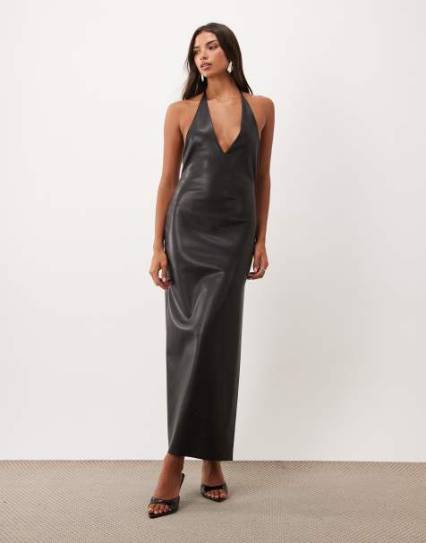 ASOS DESIGN PU deep plunge maxi dress in black - view 1