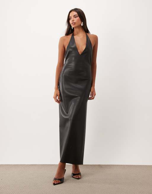 ASOS DESIGN PU deep plunge maxi dress in black