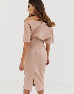 asos design pu drape shoulder midi pencil dress